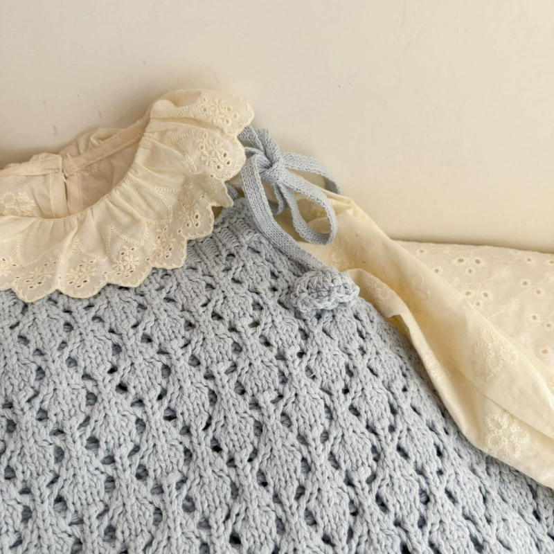 Spring universal knitted shirt, lace vest, megaphone, jeans, set, new collection, 3 piece set