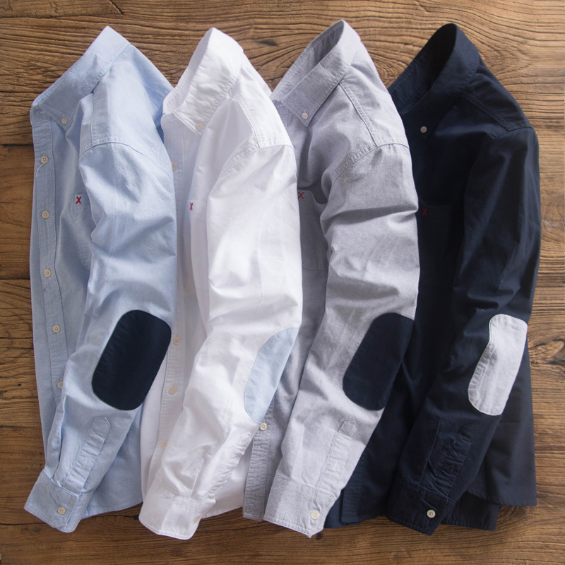 Pure Cotton Oxford Shirt Men's Long-Sleeved Japanese Style Retro Elbow Patchwork Shirt Men's Shawn Yue Trendy Brand Top
