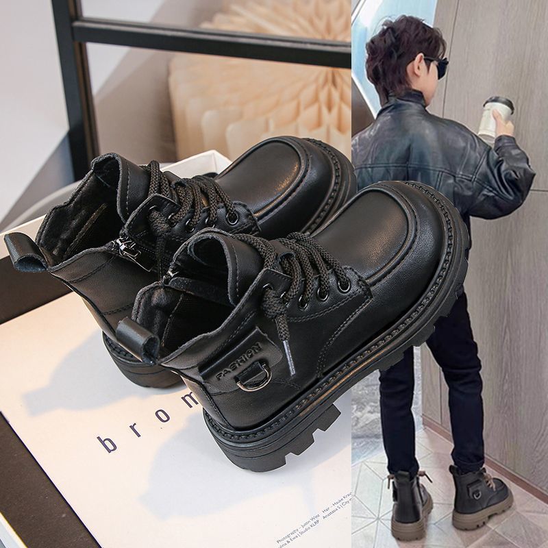 Trendy Children's Boots Autumn and Winter New Girls' Martin Boots British Style Boys' Leather Boots Short Boots with Fleece Student Children's Boots