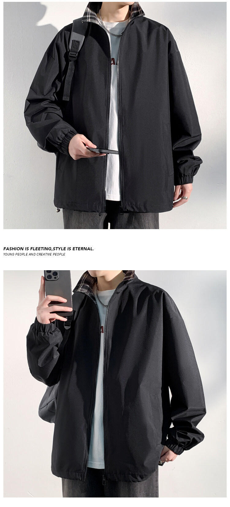 Men's Plaid Patchwork Denim Jacket With Stand Collar Windproof_voghion.com