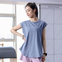新しいスタイルのノースリーブルーズスポーツTシャツ、太った女性用、ロング丈、ヒップカバー、フィットネス、ランニング、ヨガ、多用途カバーアップ、速乾性衣類