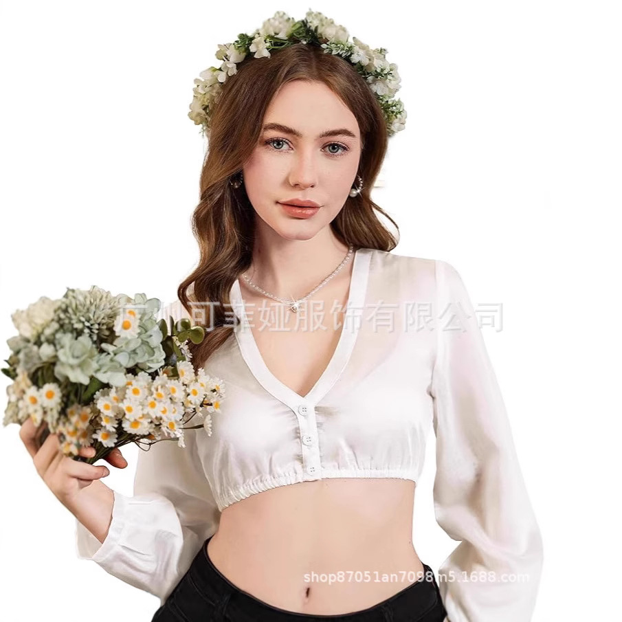 跨境25欧美德国透视巴伐利亚啤酒节九分袖开襟V领Dirndl短款衬衫