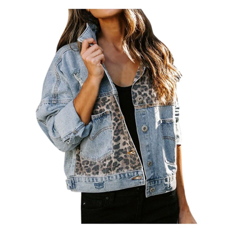 Новая трансграничная джинсовая куртка Amazon Independent Station, женская Европейская и американская Женская куртка с длинным рукавом, женский топ с леопардовым принтом