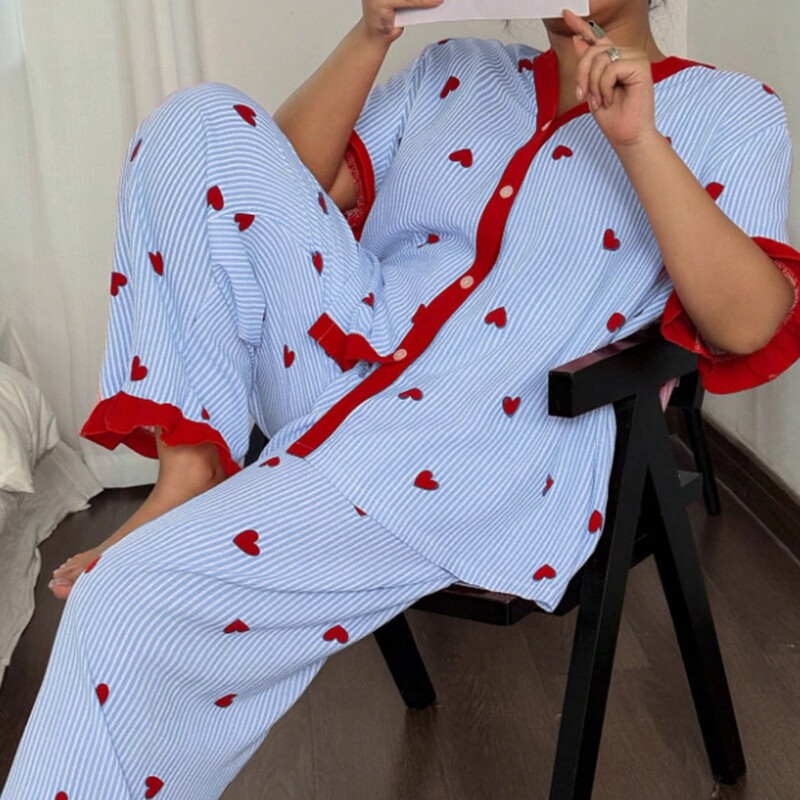 Cross-Border Foreign Trade Bubble Wrinkle Cardigan Heart Print Pajamas Two-Piece Set Women's Short-Sleeved Long Pants Set Plus Size Home Wear Cross-Border Foreign Trade Bubble Wrinkle Cardigan Heart Print Pajamas Two-Piece Set Women's Short-Sleeved Long Pants Set Plus Size Home Wear