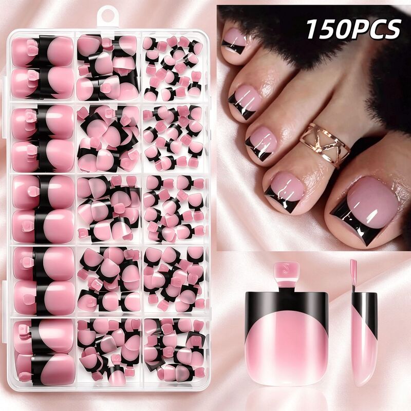 Cross-border 150-piece French-style black-edged pink toenail set, high-end simple detachable toenail patches Cross-border 150-piece French-style black-edged pink toenail set, high-end simple detachable toenail patches