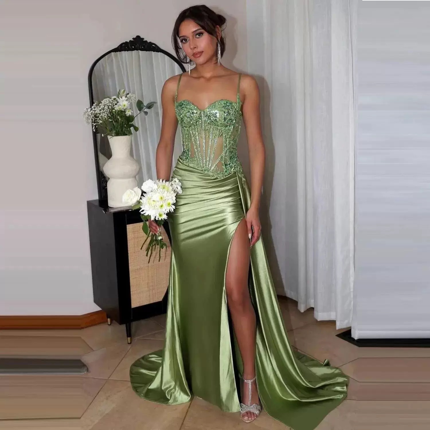 Vestido de noche sexy dividido de satén Vestido largo de tubo transfronterizo europeo y americano con cintura de espina de pescado Vestido delgado Falda larga image 1