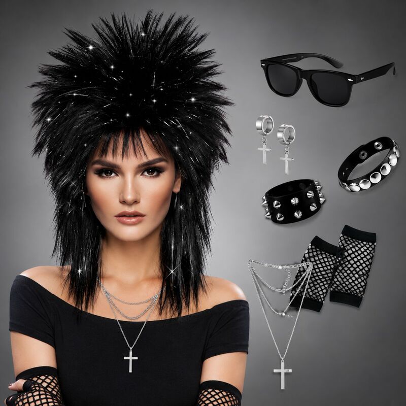 80s wig black silver ponytail wig rock queen wig punk hairstyle disco night 80s wig black silver ponytail wig rock queen wig punk hairstyle disco night