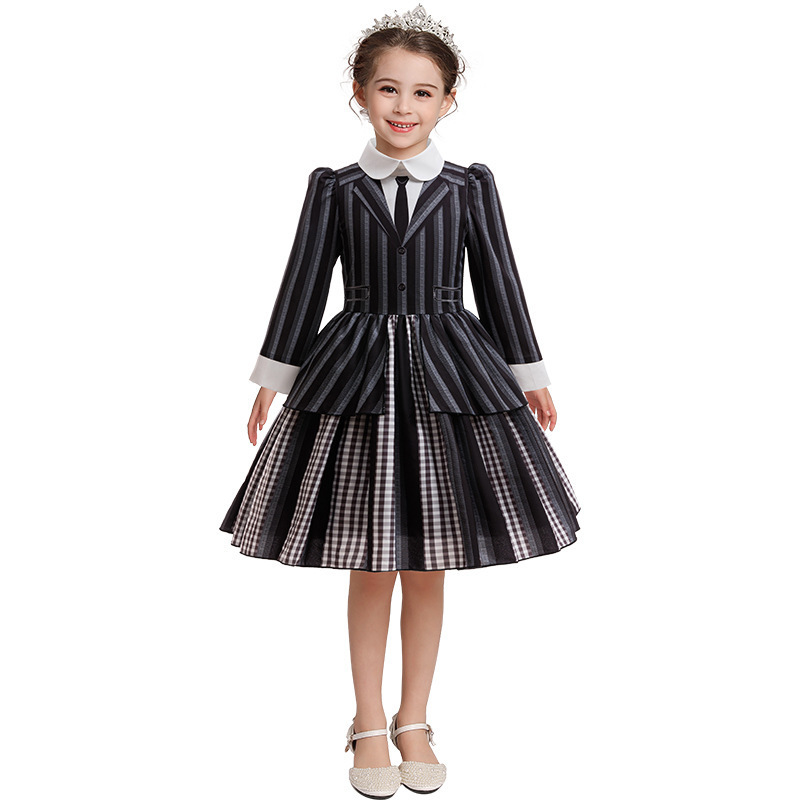 2025 Halloween Wednesday Season 2 the Addams Family Girls' Black Long Sleeve Striped Dress Costume