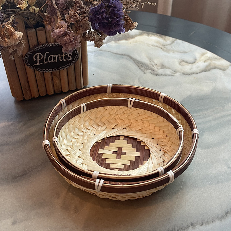 Color-blocked Bamboo Fruit Plate And Fruit Basket,Pure Hand-woven Bamboo Products,Household Round Dustpan,Candy And Biscuit Storage Basket