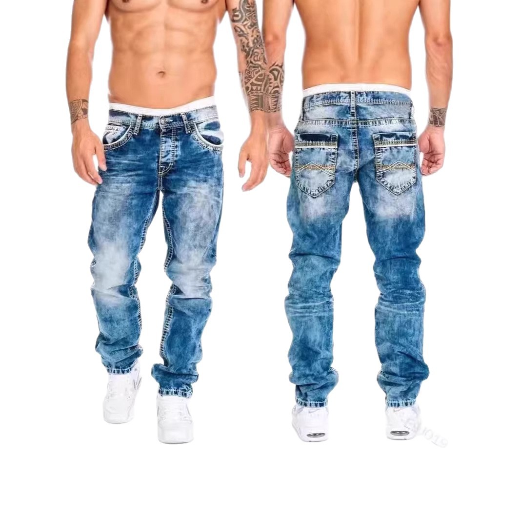Men's Casual Distressed Straight Leg Jeans Trendy Hip Hop Pocket Trousers European American Style mid Waist Long Non-Stretch_mkmklike.com