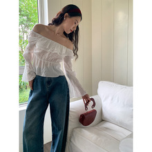 十三行清仓不退法式上衣女早秋新款抽褶喇叭袖修身套头衬衫80068