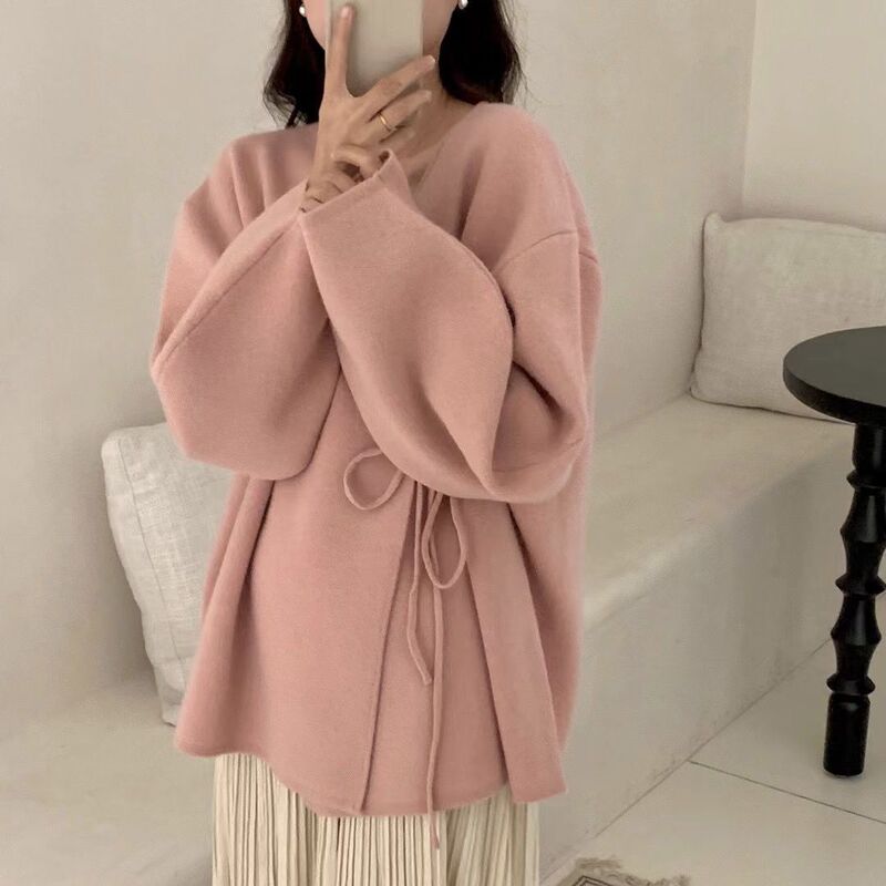 Niche Loose Lazy Style Knitted Sweater Thickeneded Lace-Up New Cardigan Women's Design Pink Sweater Jacket Autumn and Winter