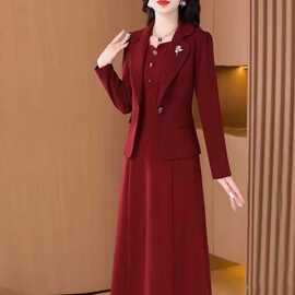 中老年时尚连衣裙套装秋季新款洋气妈妈装西服大码外套遮肉两件套