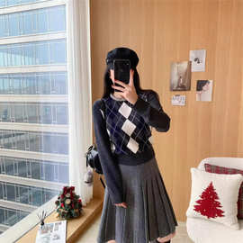 郑秀妍同款100%羊毛扬子纱重工水钻钉珠菱格纹长袖针织衫女25秋冬