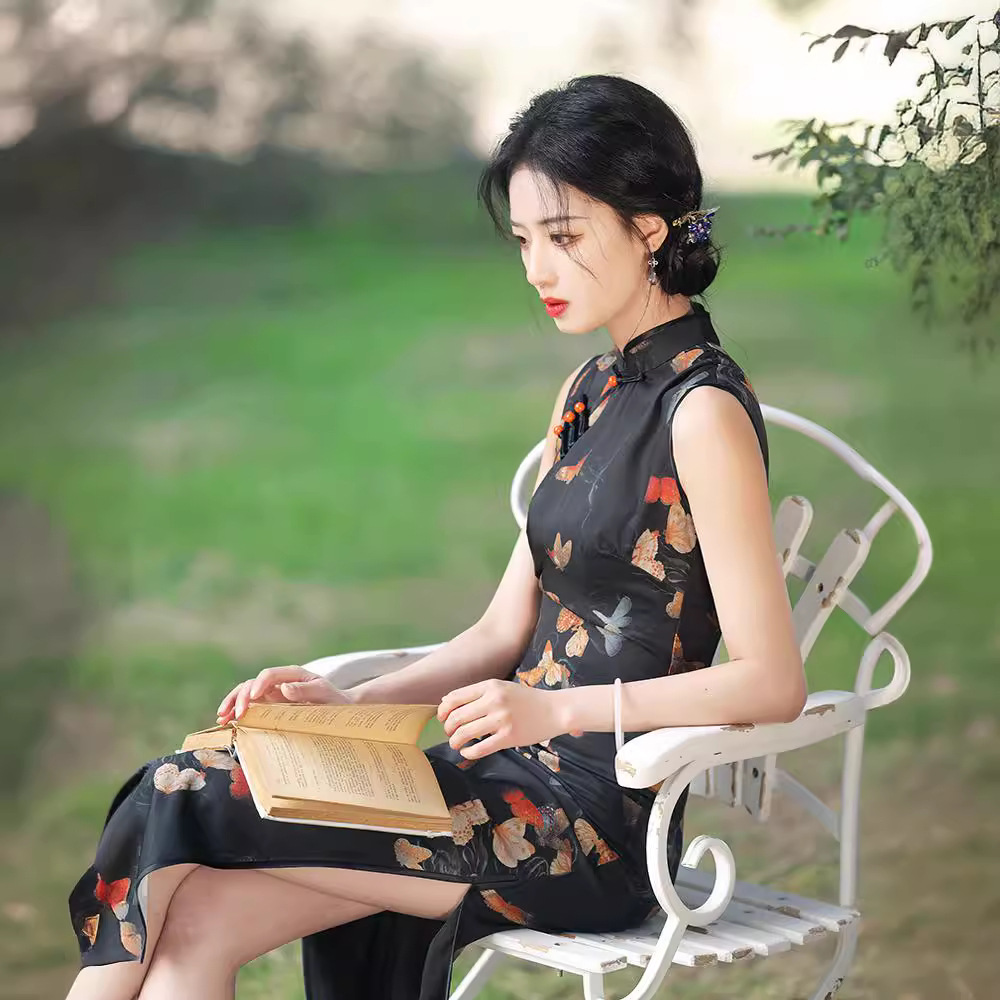 Summer retro elite elegant black cheongsam sleevless
