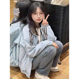 美式夹克棒球服复古小个子新款杠双面穿季三条立领外套女春秋撞色