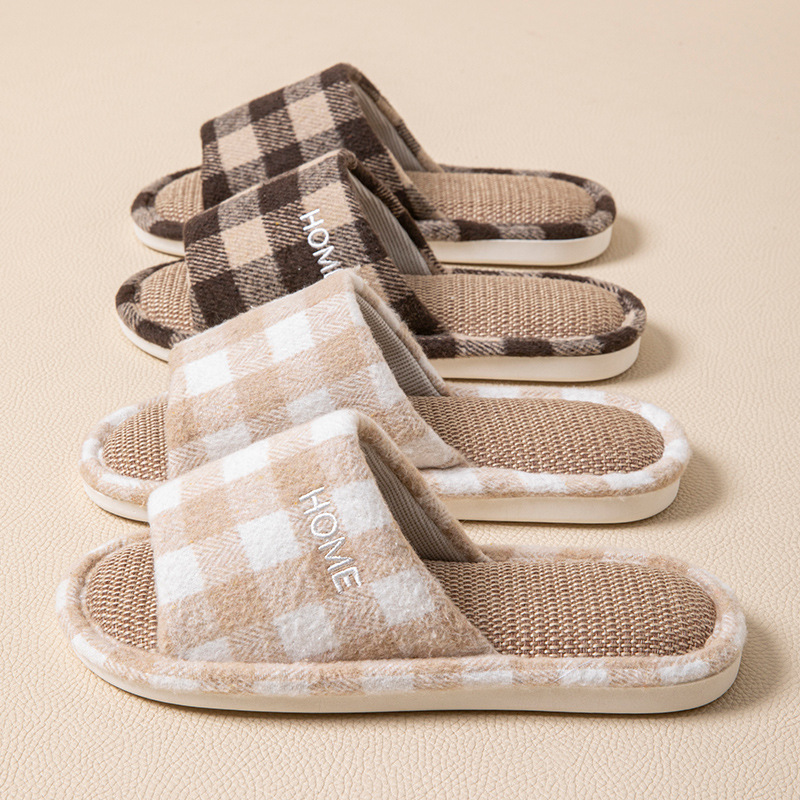 Cross-border plaid open-toe linen all-season cotton-linen slippers for men and women, couples' indoor home use, classic thickened for wooden floors Cross-border plaid open-toe linen all-season cotton-linen slippers for men and women, couples' indoor home use, classic thickened for wooden floors