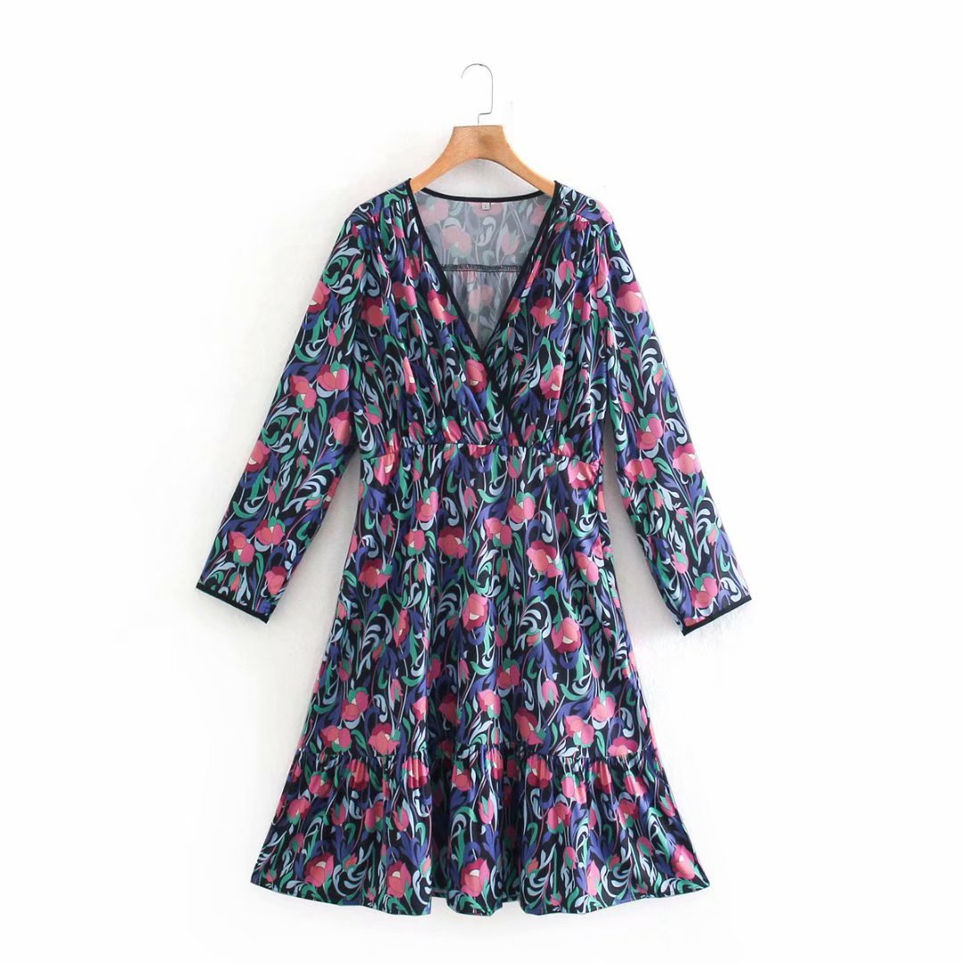 Printed V-neck Long Sleeve Short Dress  NSAM32023