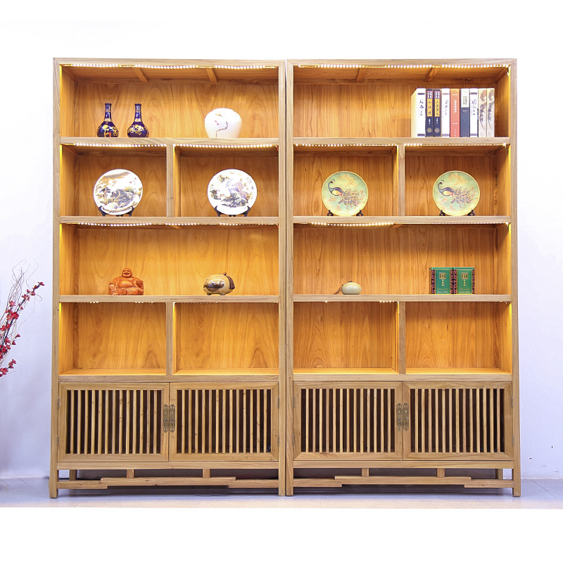 新中式展柜老榆木茶叶陶瓷工艺品展示柜古董紫砂壶博古架实木书柜
