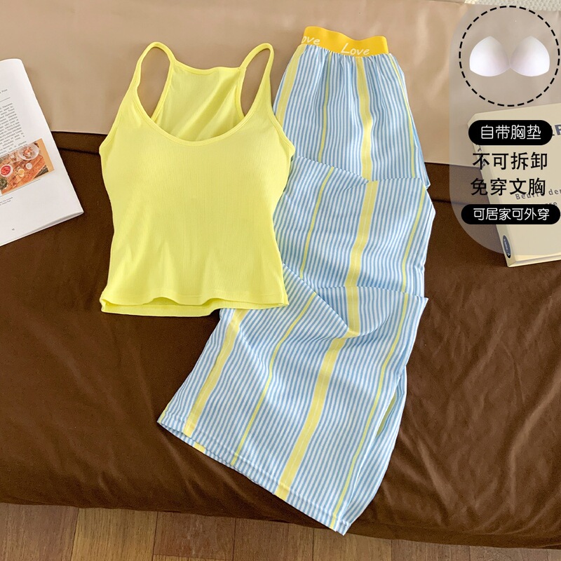 (Two-Piece Set) Women's Summer Rayon Vest with Built-In Chest Pads, Pure Desire Style Polka Dot Long Pants Loungewear (Two-Piece Set) Women's Summer Rayon Vest with Built-In Chest Pads, Pure Desire Style Polka Dot Long Pants Loungewear