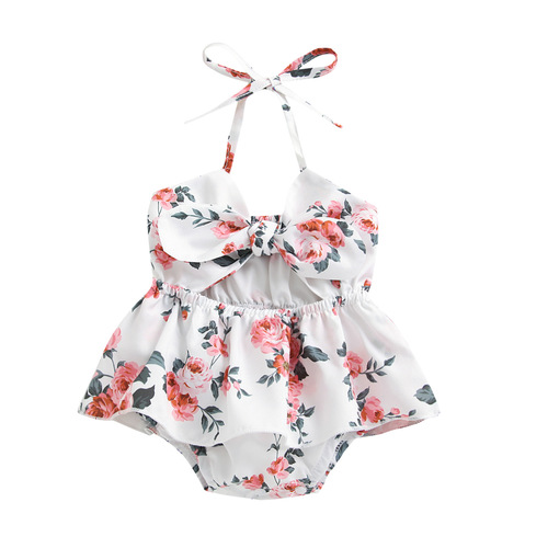  Cross-border Baby Girls' White Print Navel-Bearing Front-Bow Strap Dress GL2161