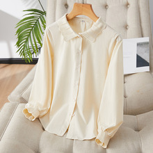 厂家直销2025春装纯棉衬衣法式杏色显肤白蕾丝花边领衬衫女长袖