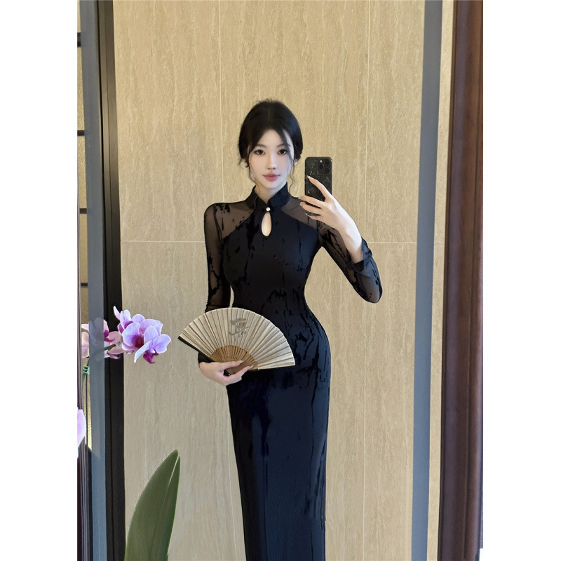 Foreign Trade Women's Clothing Real Shot New Chinese Style Improved Cheongsam Black Mesh Dress Women's Autum Sexy Slim Fit Fish