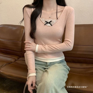 纯欲假两件蕾丝花边V领挂脖修身显瘦长袖针织上衣