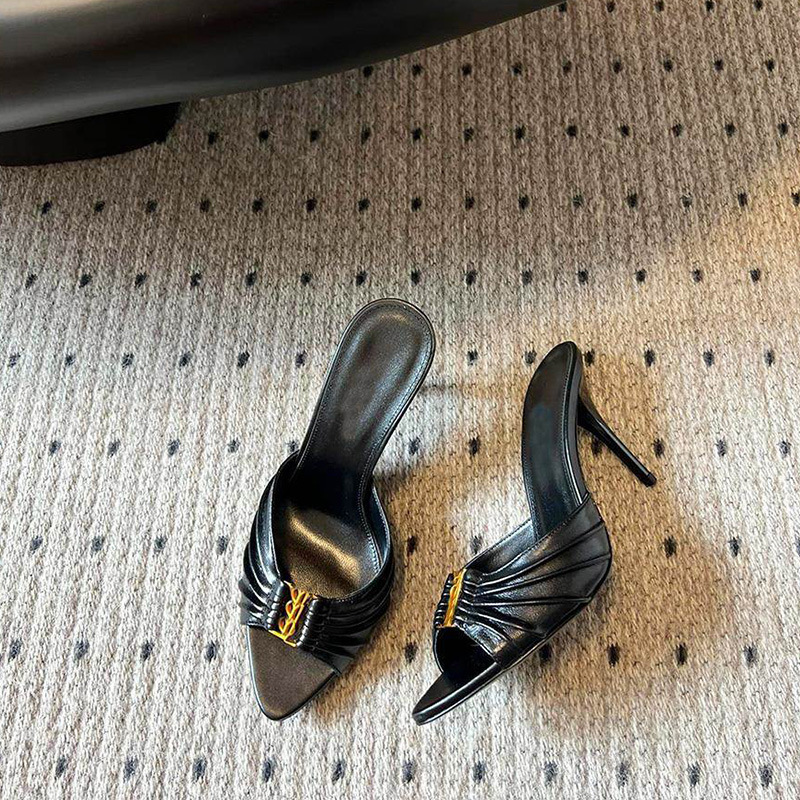 Ys Letter Metal Buckle Pleated High-Heeled Slippers for Women Stiletto Sexy Open-Toe Sandals Pointed-Toe High-Heeled Shoes