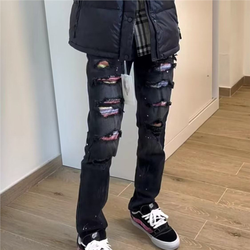 Men's Slim Fit Distressed Patchwork Jeans - High Street Style Black Skinny Ripped Denim Pants For Casual Wear_mkmklike.com