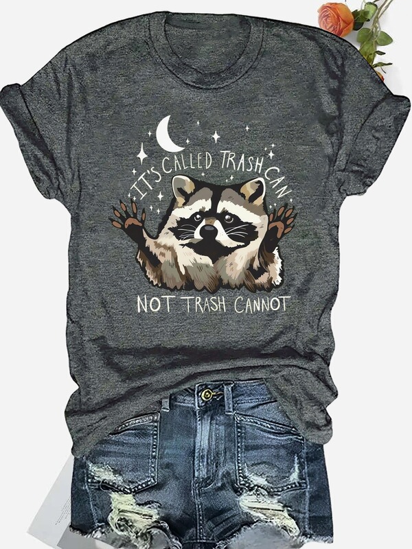 Women's Casual Graphic T-Shirt - Cute Raccoon with "Trash Can" Humor Print, Gray Loose Round Neck