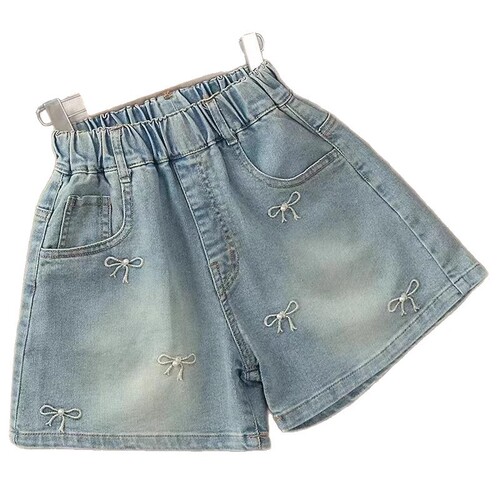 Girls 'printed denim shorts summer loose slimming embroidered shorts all-match high-waist wide-leg hot pants bow