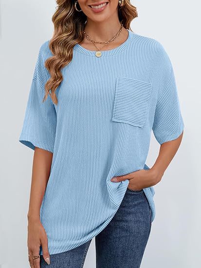 cross-border European And American Women's Summer Short-sleeve Pocket Top, Oversized Round-neck Textured Casual_ecoleips.com