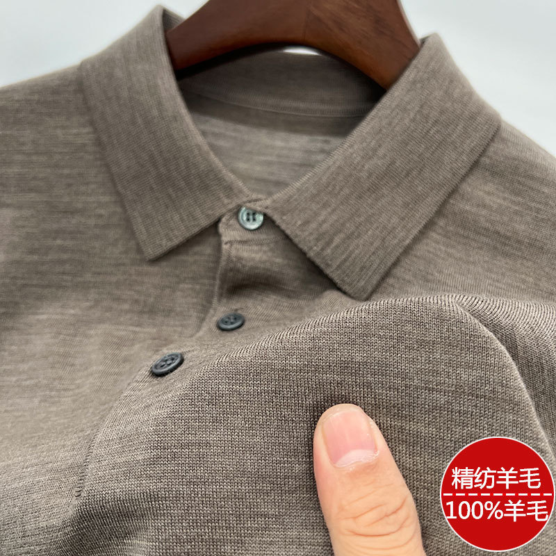 100% Worsted Pure Woolen Sweater Machine Washable Men's Long Sleeve Thin Polo Shirt Lapel Knitted Base Shirt T-shirt