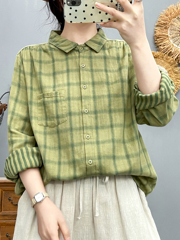 Double-Layer Cotton Gauze Long-Sleeved Plaid Shirt for Women, Soft, Skin-Friendly, Breathable, Double-Sided Yarn-Dyed Pure Cotton, Loose and Versatile Top