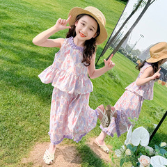 小女孩夏裝套裝洋氣新款背心裙女寶寶花朵公主裙夏季薄款防蚊褲潮