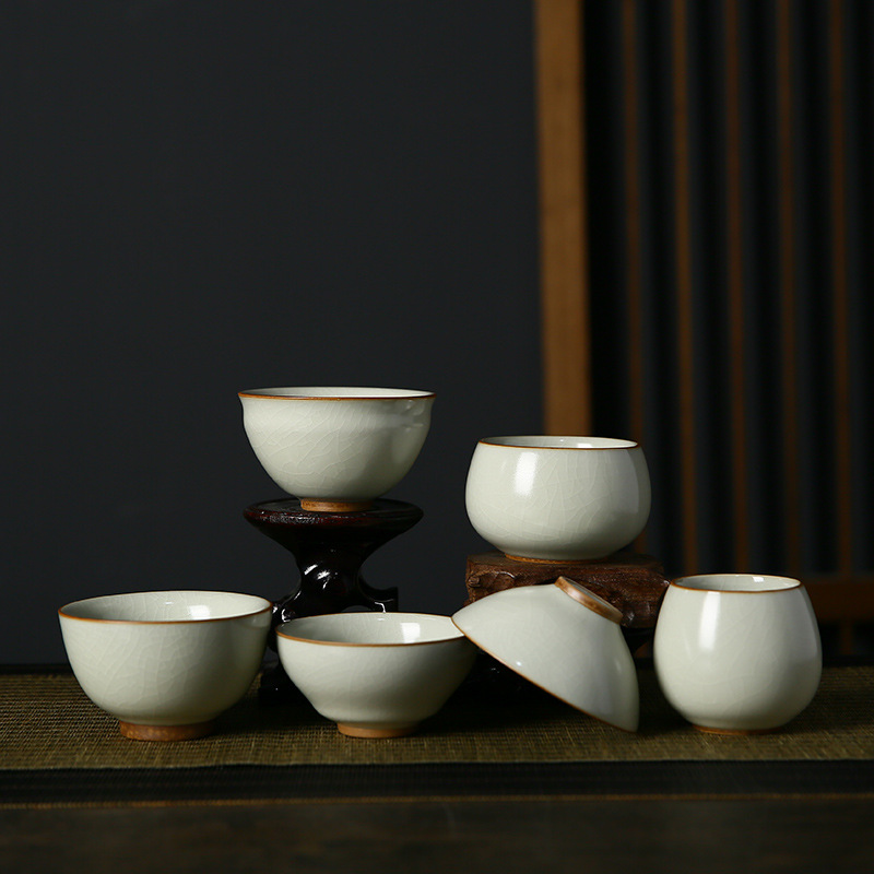 米黃開片可養汝窯茶杯品茗杯陶瓷功夫茶具家用茶盞大號單杯主人杯