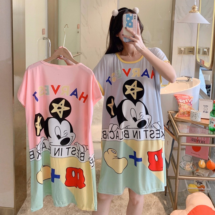 Camisón de manga corta de verano de dibujos animados dulce falda cultural delgada suelta más pijamas de tamaño vestido de mujer ropa para el hogar Comercio exterior