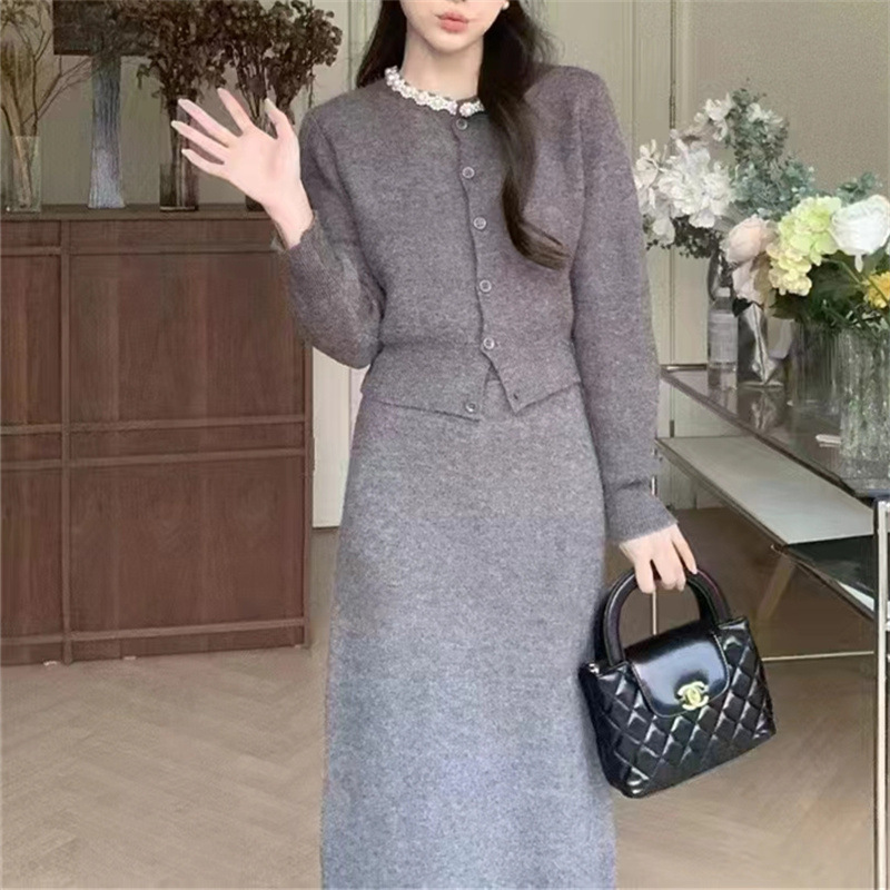 春秋新款长袖毛衣针织开衫重工钉珠温柔套装高腰半身长裙子两件套|undefined
