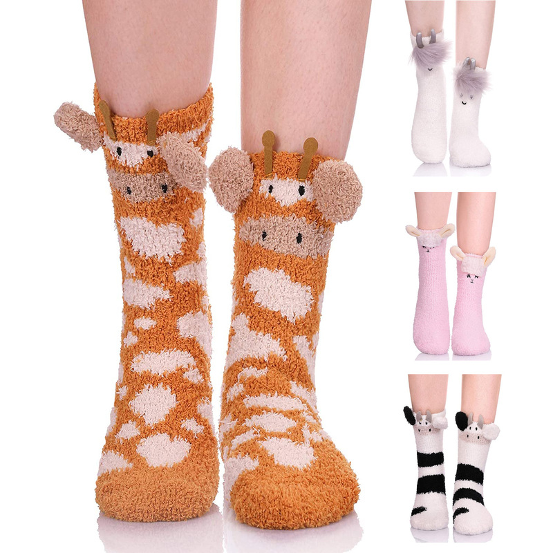Autumn and Winter women socks 3D cute animal giraffe cat coral fleece sleep floor slippers socks winter warm socks