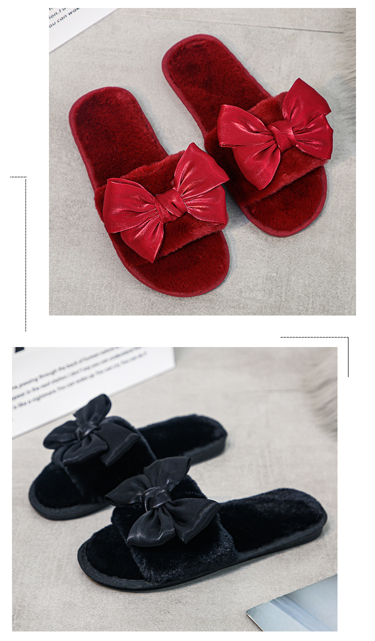 furry flat-heeled breathable bow slippers  NSPE41984