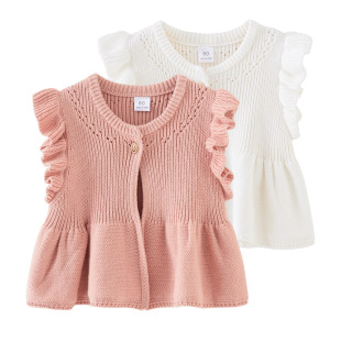 Cross-Border European and American Round Neck Children's Baby Wool Pure Cotton Girls' Knitted Vest Vest Sweater Cardigan Spring and Autumn Wholesale