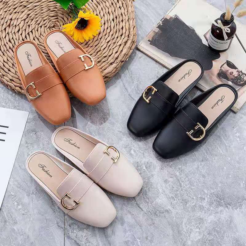 Baotou Half Slippers Women's Outfit Elegant Lazy Internet Popular Flat Casual Non-Slip Beach Sandals for Home Summer