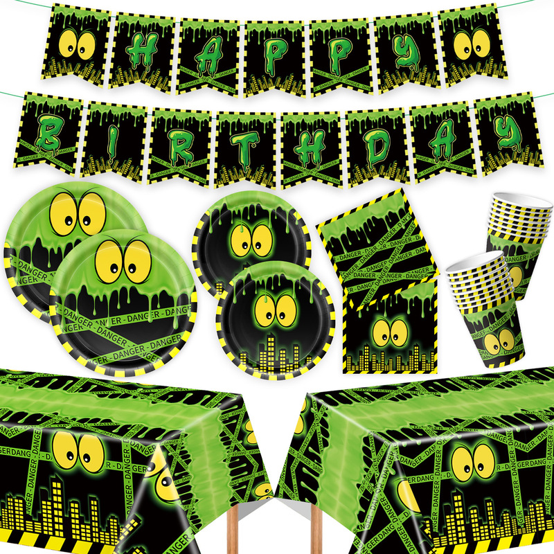 New Ghostbusters themed party tableware set with paper plates, paper cups, paper napkins, and decorative flags