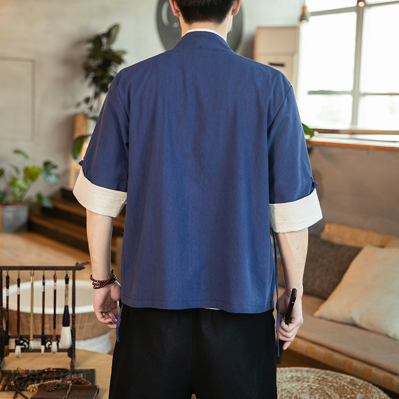 Verano Hanfu, cortavientos cortos de manga de cinco puntos para hombre, estilo étnico, servicio de té, cárdigan de capa china de manga media image 6