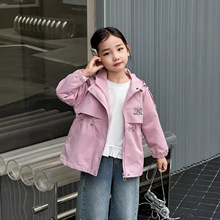 女童外贸收腰风衣春秋装2025年英伦风连帽外套儿童中长款拉链大衣