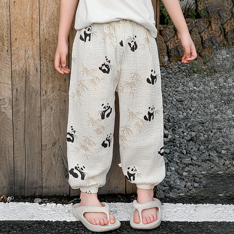 어린이 한국식 면사 모기 방지 바지 2024 여름 새 소년과 소녀  더블 거즈 캐주얼 통기성 바지