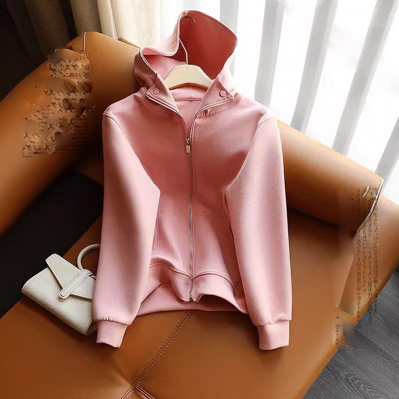 Women's Hooded Zippered Cardigan Sweater Jacket Solid Colour Style_voghion.com
