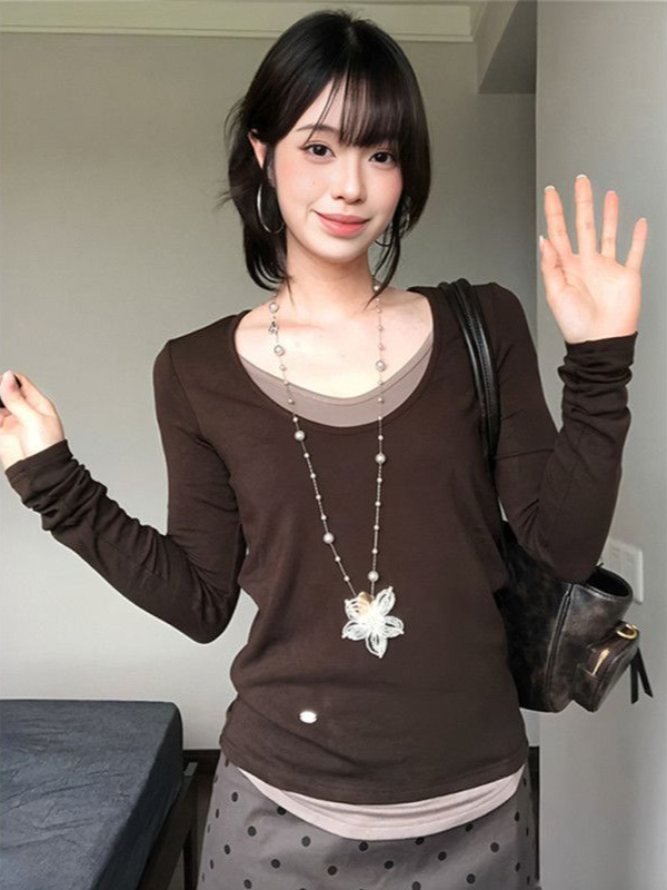 韩系慵懒假两件U领长袖T恤女秋季修身显瘦别致撞色拼接打底衫上衣|undefined