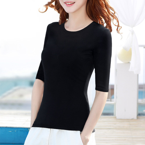 Ladies' black round neck short sleeve top, simple and versatile, slim fit, thin white crew neck T-shirt for layering and under shirt